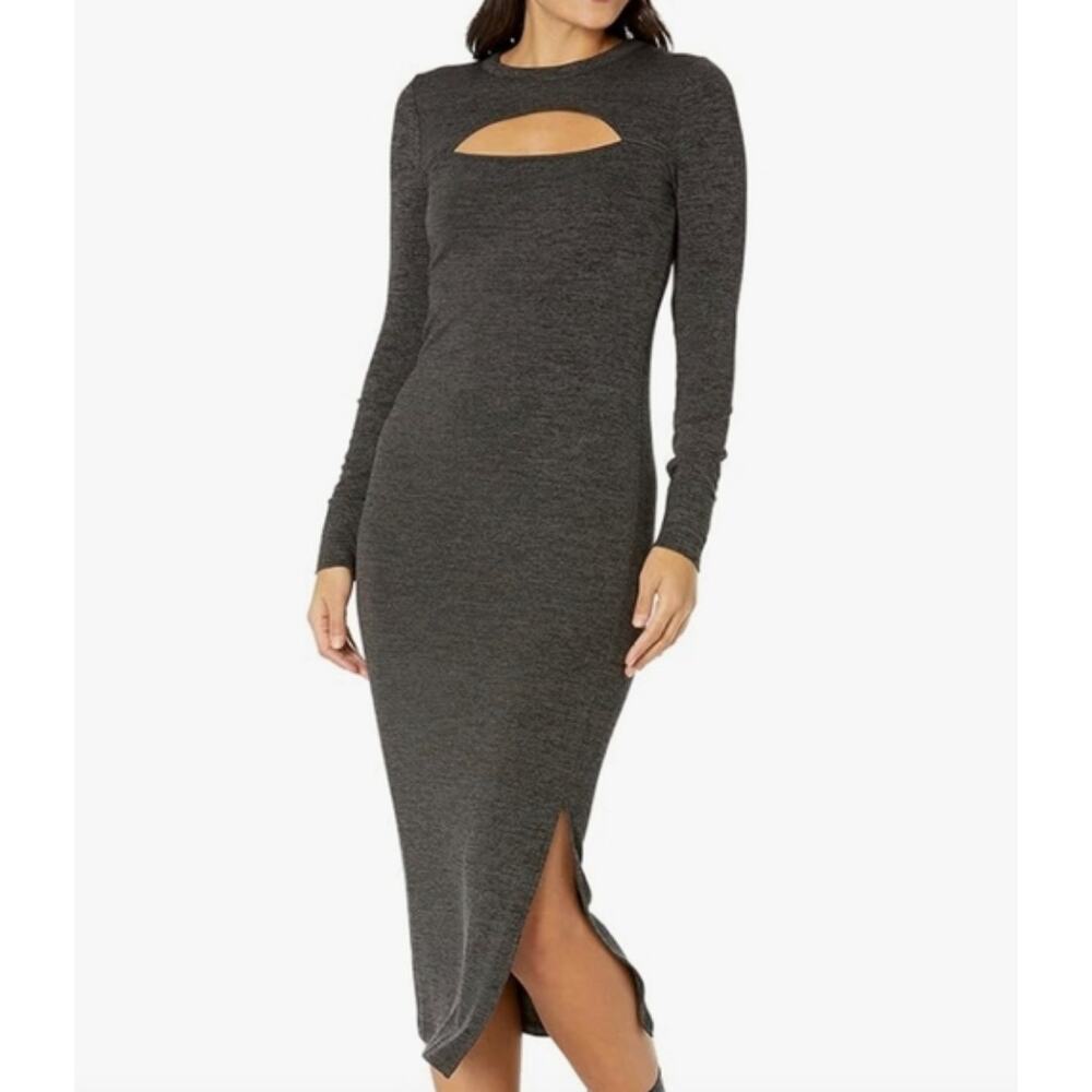 French Connection Charcoal Gray Long Sleeve Midi Dress with Keyhole
